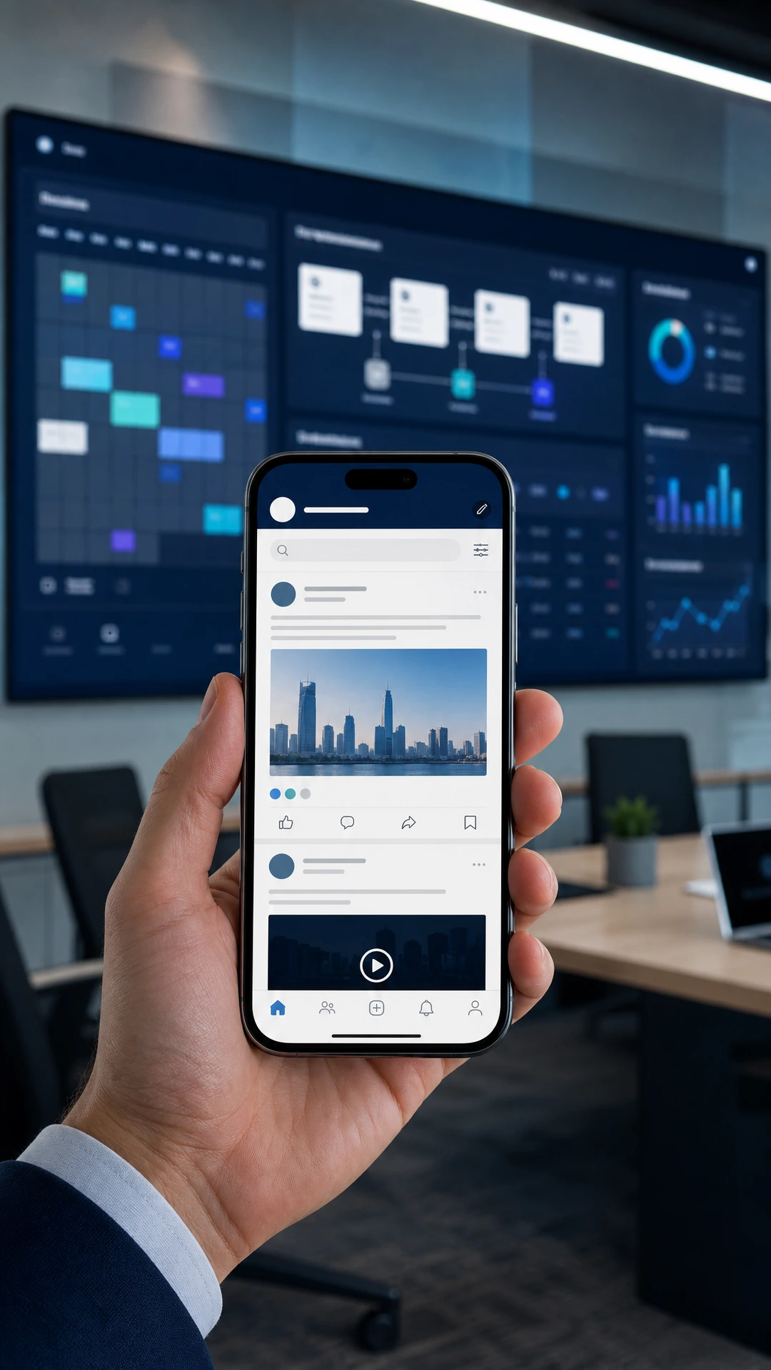 Mobile-first view of centralized social scheduling with a professional networking feed and analytics dashboard